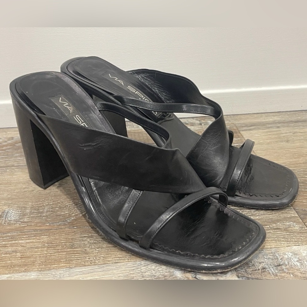 Via Spiga Black Vintage Block Heel Sandals, Size 9.5, 3.5” Heel